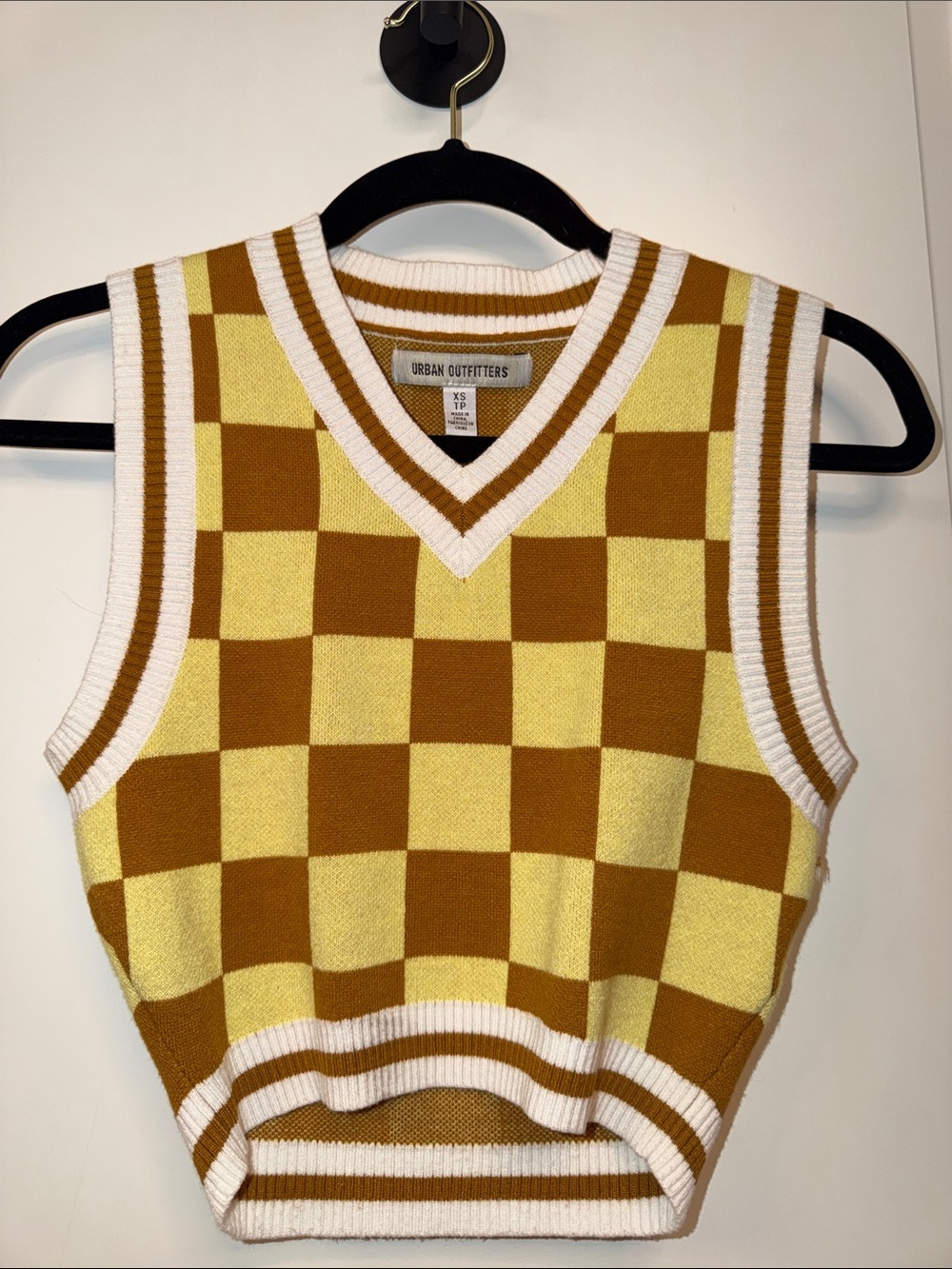 Urban Outfitters Yellow & Brown Checkered V-Neck Sweater Vest